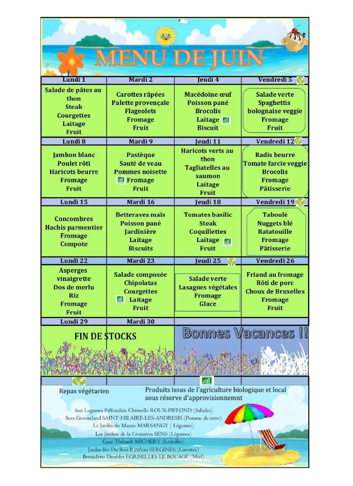Menu cantine juin 2026