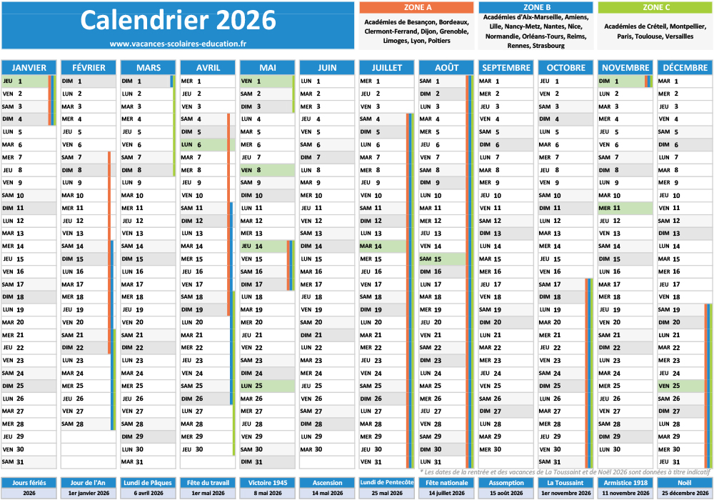 Calendrier scolaire 2026